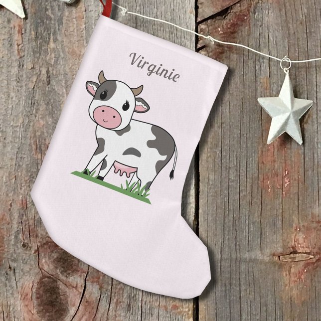 Meia De Natal Pequena Parada de Natal rosa com uma vaca bonita (Pink Christmas Stocking with a Cute Cow)