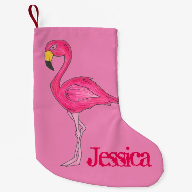 Meia De Natal Pequena Pássaro Tropical do Paraíso Flamingo Rosa (Frente)