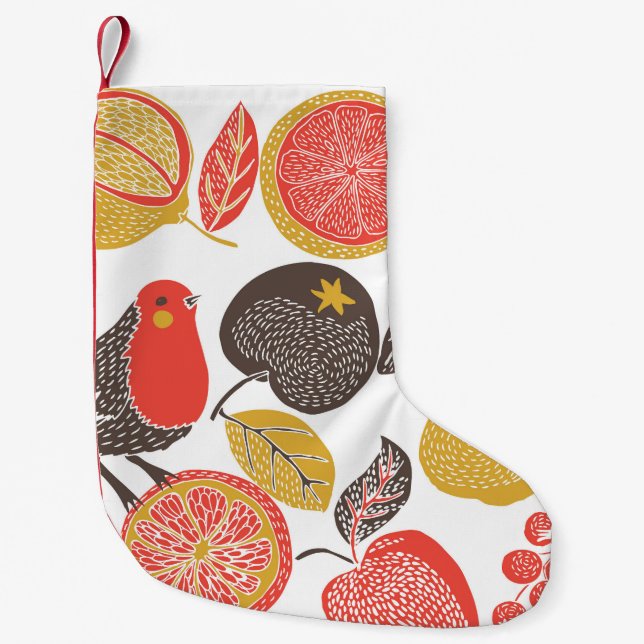 Meia De Natal Pequena Pássaros no Jardim de Frutas (Frente)