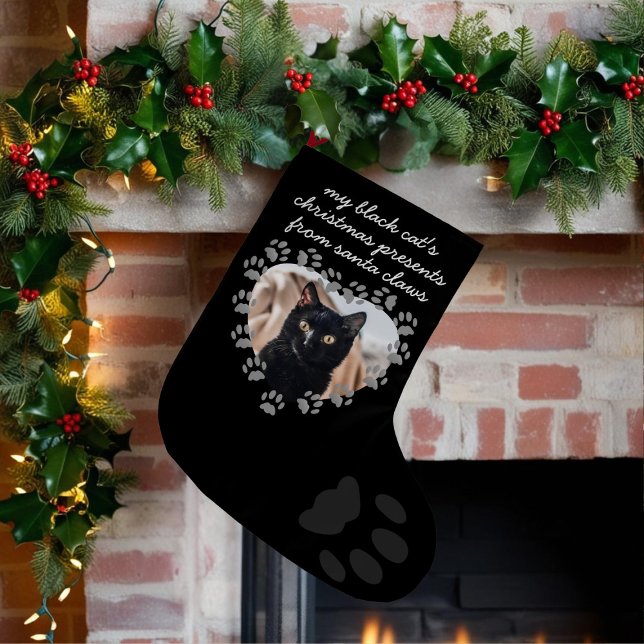 Meia De Natal Pequena Pata de Foto de Gato Preto Imprimir Pet de Natal (Upload their photo so they'll know that this christmas stocking is just for them)