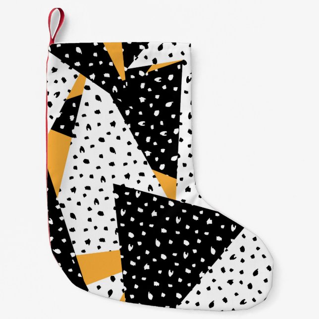 Meia De Natal Pequena Patchwork de pontos mínimos: preto branco amarelo (Frente)