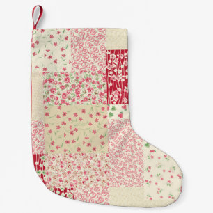 Meia De Natal Pequena Patchwork Floral: Ornamentos Desenhados À Mão.