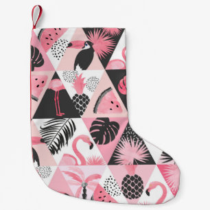 Meia De Natal Pequena Patchwork Tropical: Flamingo Watermelon Seamless.