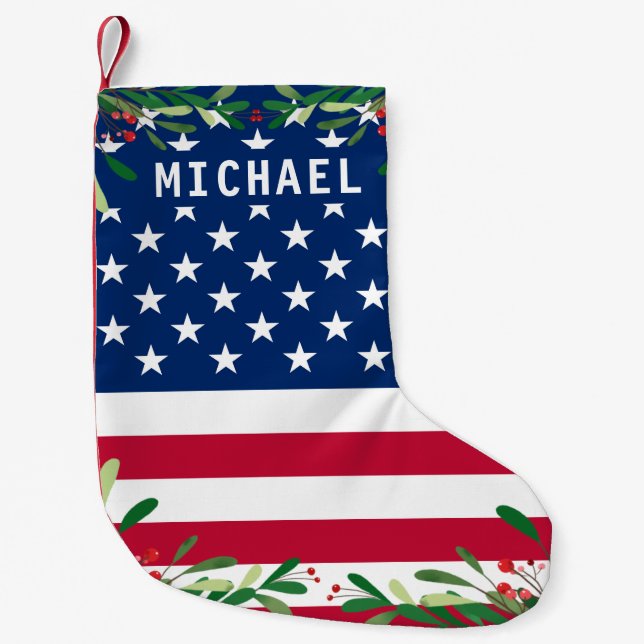 Meia De Natal Pequena Patriótica American Flag Personalizado Nome do Mon (Frente)
