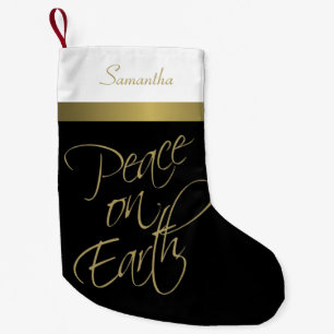 Meia De Natal Pequena Paz na Terra Preto Elegante, Dourado e Branco