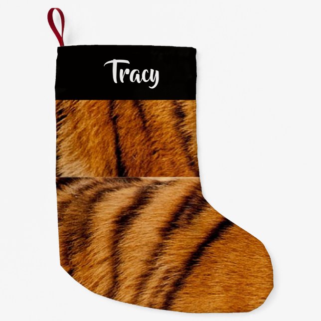 Meia De Natal Pequena Pele do tigre de nome personalizado  (Frente)