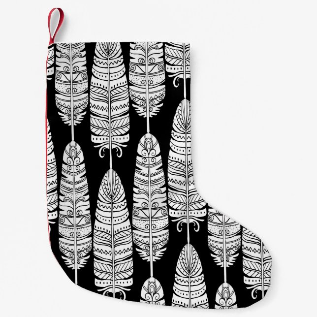 Meia De Natal Pequena Penas boho: padrão preto e branco (Frente)