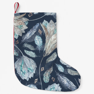 Meia De Natal Pequena Penas Chic Boho Flores: Azul Escuro-Aquarela P