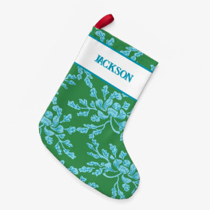 Meia De Natal Pequena Peônia Sinuosa Xilogravura em Verde + Aqua Persona