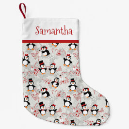 Meia De Natal Pequena Peppermint Pinguins de Natal Nome Personalizado