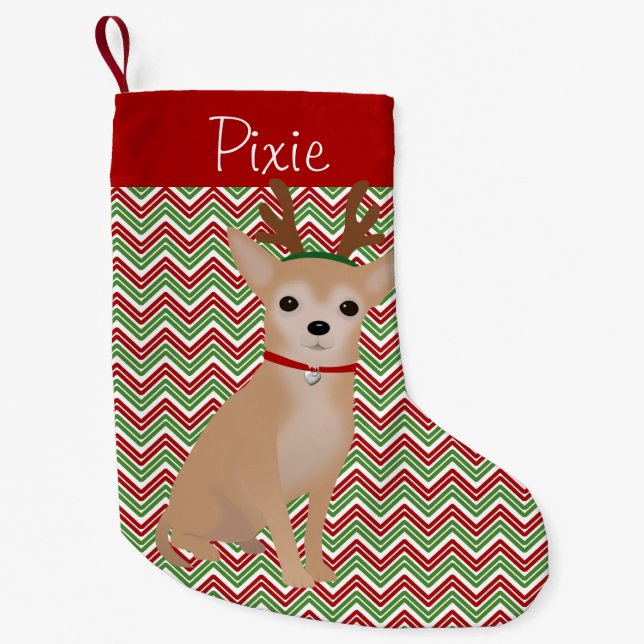 Meia De Natal Pequena Personalizado Tan Chihuahua, Cavalos Vermelhos e V (Frente)