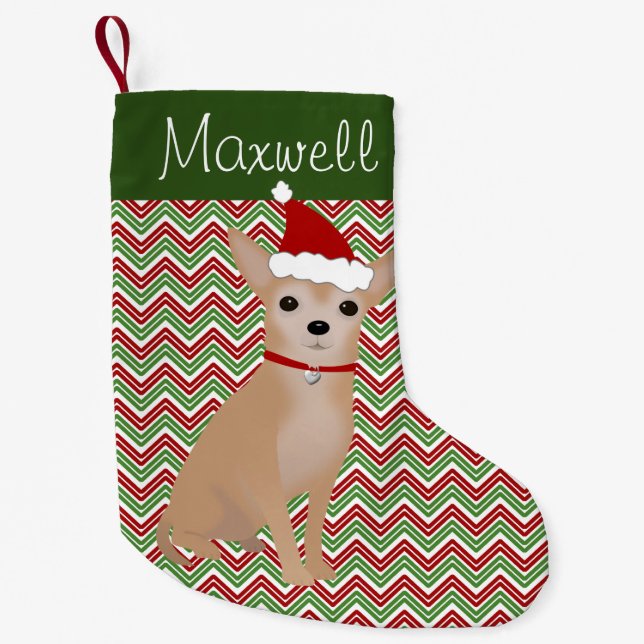 Meia De Natal Pequena Personalizado Tan Chihuahua com Santa Hat (Frente)