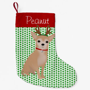 Meia De Natal Pequena Personalizado Tan Chihuahua e Bolinhas Verdes