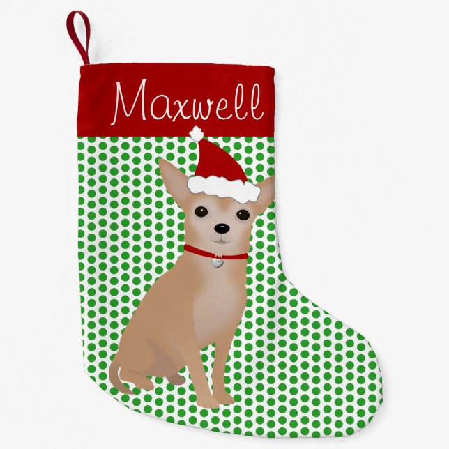 Meia De Natal Pequena Personalizado Tan Chihuahua e Bolinhas Verdes (Frente)
