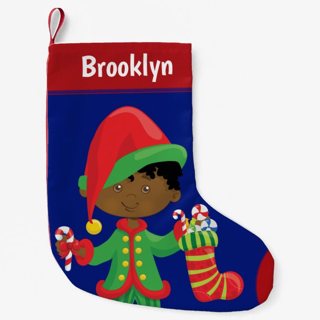 Meia De Natal Pequena Personalizar Elf de Natal Africano Americano (Frente)