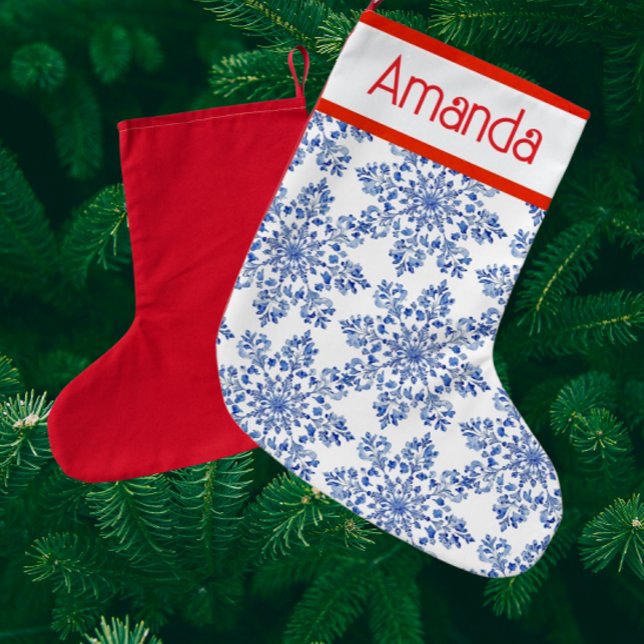 Meia De Natal Pequena Personalized Blue White Snowflakes Red Back (Personalize it!)