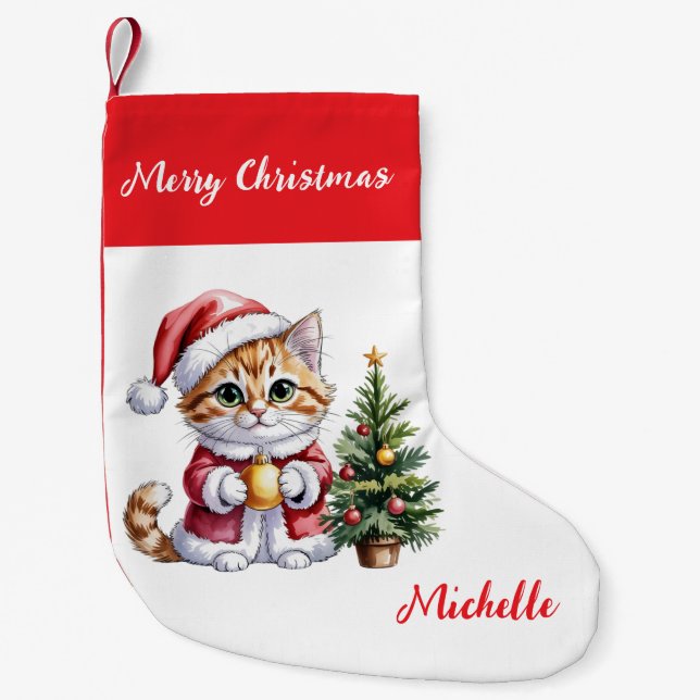 Meia De Natal Pequena Personalized Cat with Santa Hat Christmas tree     (Frente)