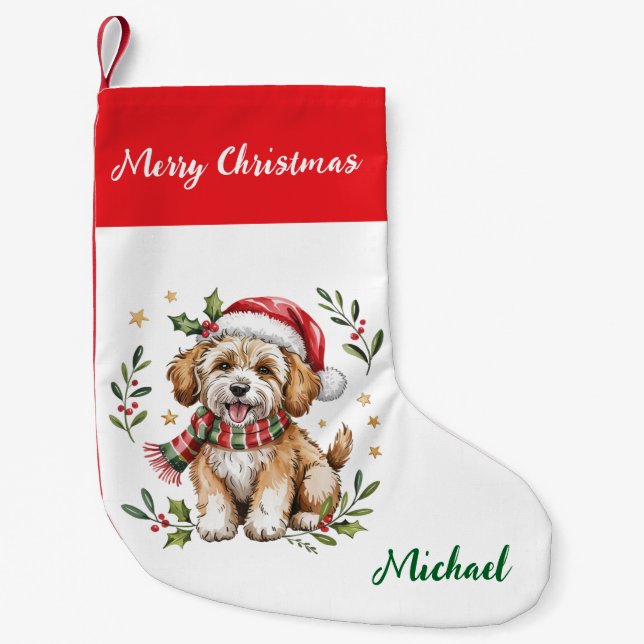 Meia De Natal Pequena Personalized Goldendoodle Dog in Santa Hat  (Frente)