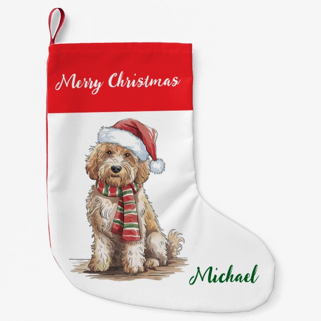 Meia De Natal Pequena Personalized Goldendoodle Dog in Santa Hat  (Frente)