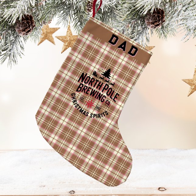 Meia De Natal Pequena Personalized North Pole Brewing (🍺 North Pole Brewing Co. 🎄 Rustic plaid, holiday humor & custom charm for Dad or Grandpa!)