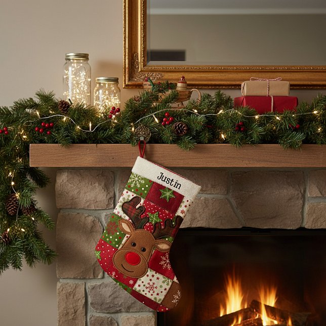 Meia De Natal Pequena Personalized patchwork reindeer (Criador carregado)