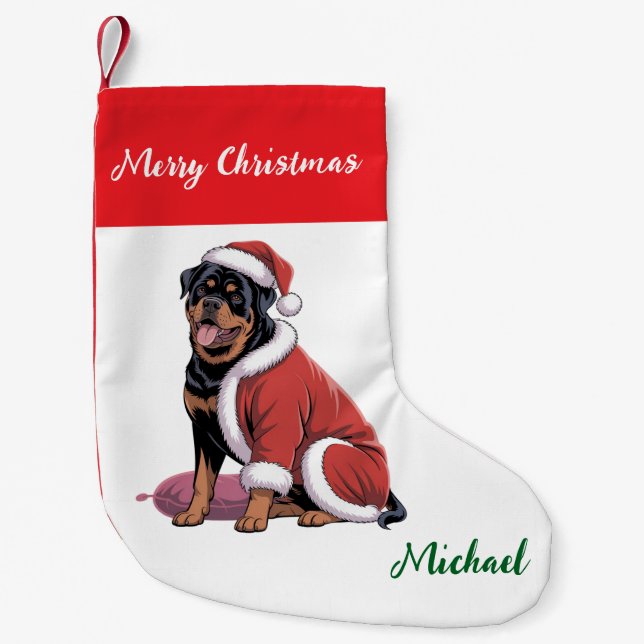 Meia De Natal Pequena Personalized Rottweiler Dog in Santa Hat  (Frente)