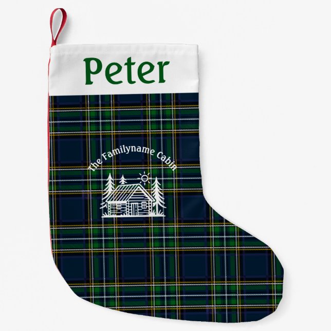 Meia De Natal Pequena Personalized Tartan Family Cabin Christmas  (Frente)