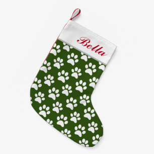 Meia De Natal Pequena Pet Dog Cat Name Green White Paw Prints