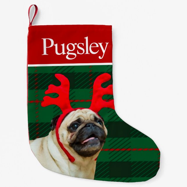 Meia De Natal Pequena Pet Dog Photo Holiday Personalizado Pug (Frente)