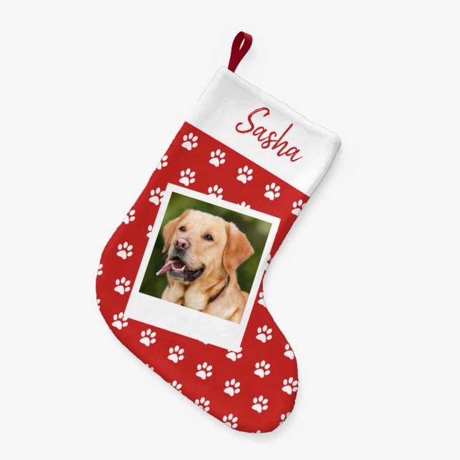 Meia De Natal Pequena Pet Paw Print Personalize Name e Photo (Frente (Pendurada))