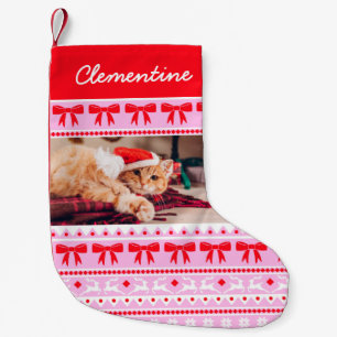 Meia De Natal Pequena Pet Photo Christmas Faux Knit Sweater com Nome