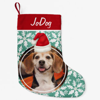 Meia De Natal Pequena Pet Photo com Flocos de Neve Verdes no Red Santa H