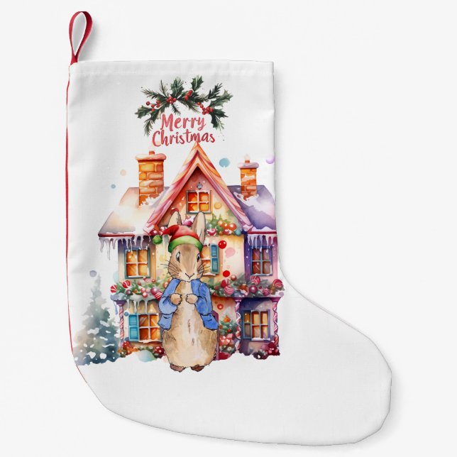Meia De Natal Pequena Peter, o Coelho, com a casa de Natal (Frente)