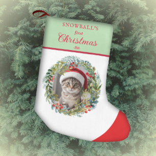 Meia De Natal Pequena Pet's First Christmas Watercolor Wreath