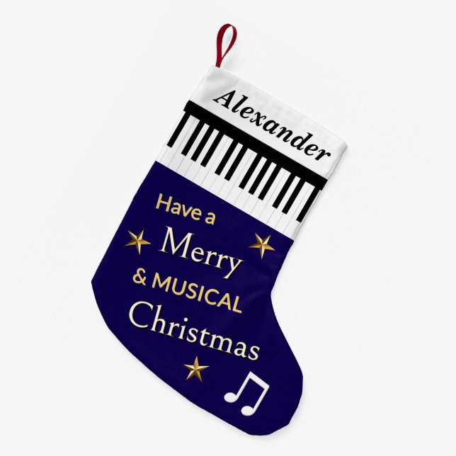 Meia De Natal Pequena Piano Keys Marinho Blue Music Lover's Personalizad (Frente (Pendurada))