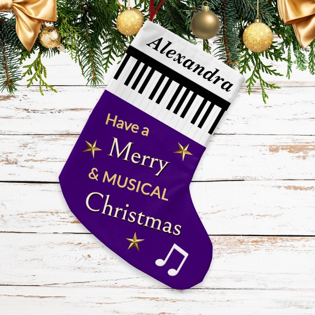 Meia De Natal Pequena Piano Keys Purple Musical Instrumento Nome Persona (A personalized, purple Christmas stocking with black and white piano keys and festive greeting)