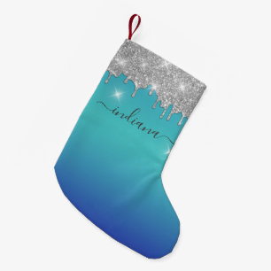 Meia De Natal Pequena Pingente de Natal com Letra Glitter Prata