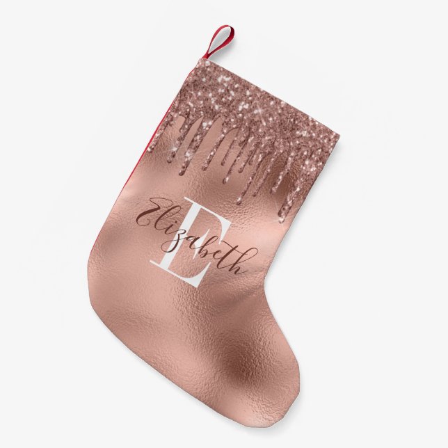 Meia De Natal Pequena Pingentes de Brilho Dourado Rosa Monogramado (Frente (Pendurada))