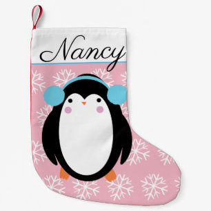 Meia De Natal Pequena Pinguim Gorducho Adorável com Flocos de Neve