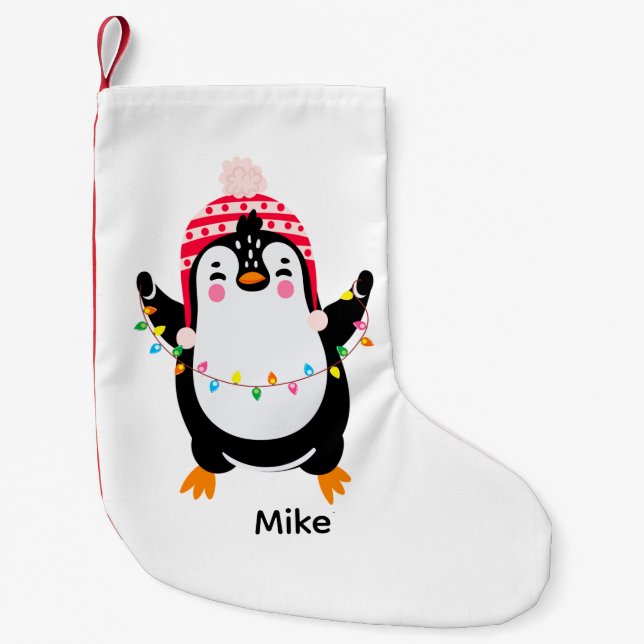 Meia De Natal Pequena Pinguim Grelha com Luzes de Natal (Frente)