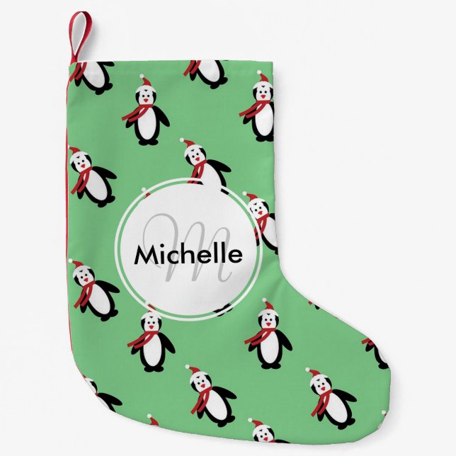 Meia De Natal Pequena Pinguins de Natal Bonitos (Frente)