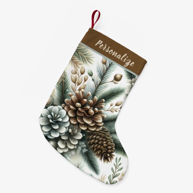 Meia De Natal Pequena Pinhas Elegantes Prata e Bronze Personalizadas (Frente (Pendurada))