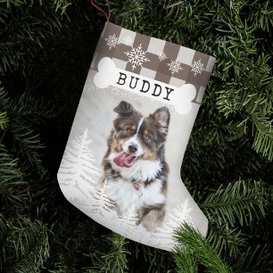 Meia De Natal Pequena Pinheiros Russos Xadrezes Castanhos Cachorros Cães