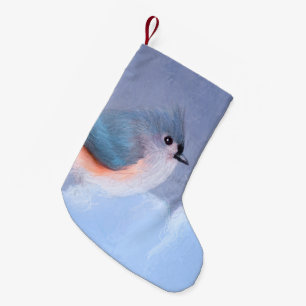 Meia De Natal Pequena Pintura com Titmouse Tufado - Arte Cachorra Origin
