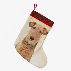 Meia De Natal Pequena Pintura de Airedale Terrier - Arte original bonita