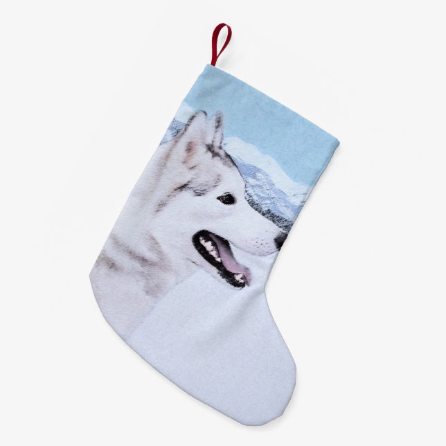 Meia De Natal Pequena Pintura de Cão Siberiana (Prata e Branco) (Frente (Pendurada))