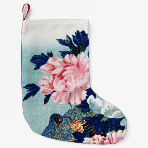 Meia De Natal Pequena Pintura de flores de pavão e peônias vintage