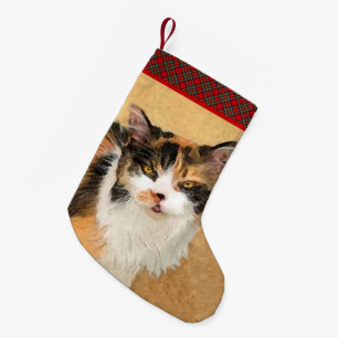Meia De Natal Pequena Pintura De Gato Calico - Arte De Gato Original Bon