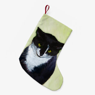 Meia De Natal Pequena Pintura De Gato Tuxedo - Arte De Gato Original Bon