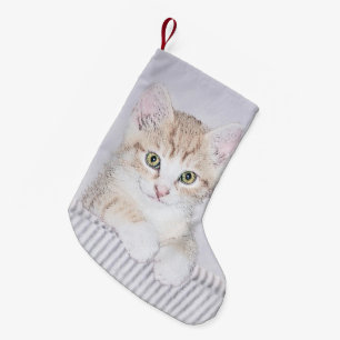 Meia De Natal Pequena Pintura de Kitten Amarela - Arte Original para Gat